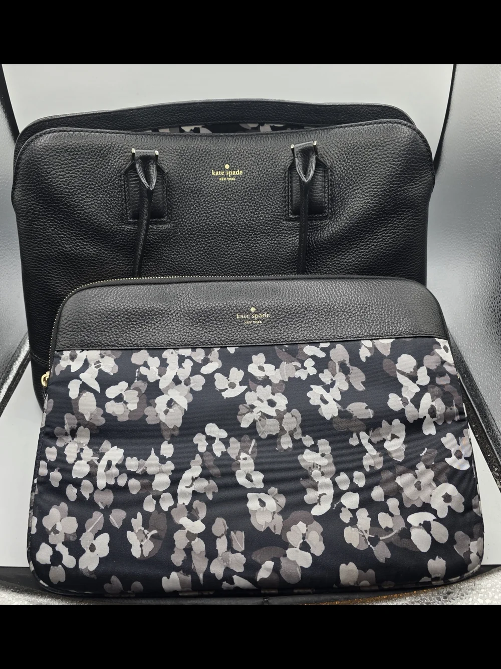 kate spade Black Leather Laptop Bag Tote With  Floral Laptop Tote Bag.